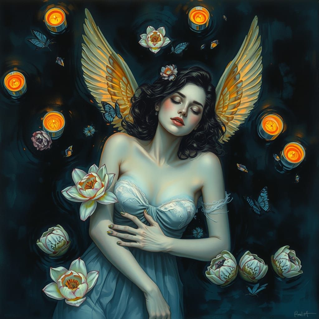 Submerged Woman with Candles and Lotus Flowers