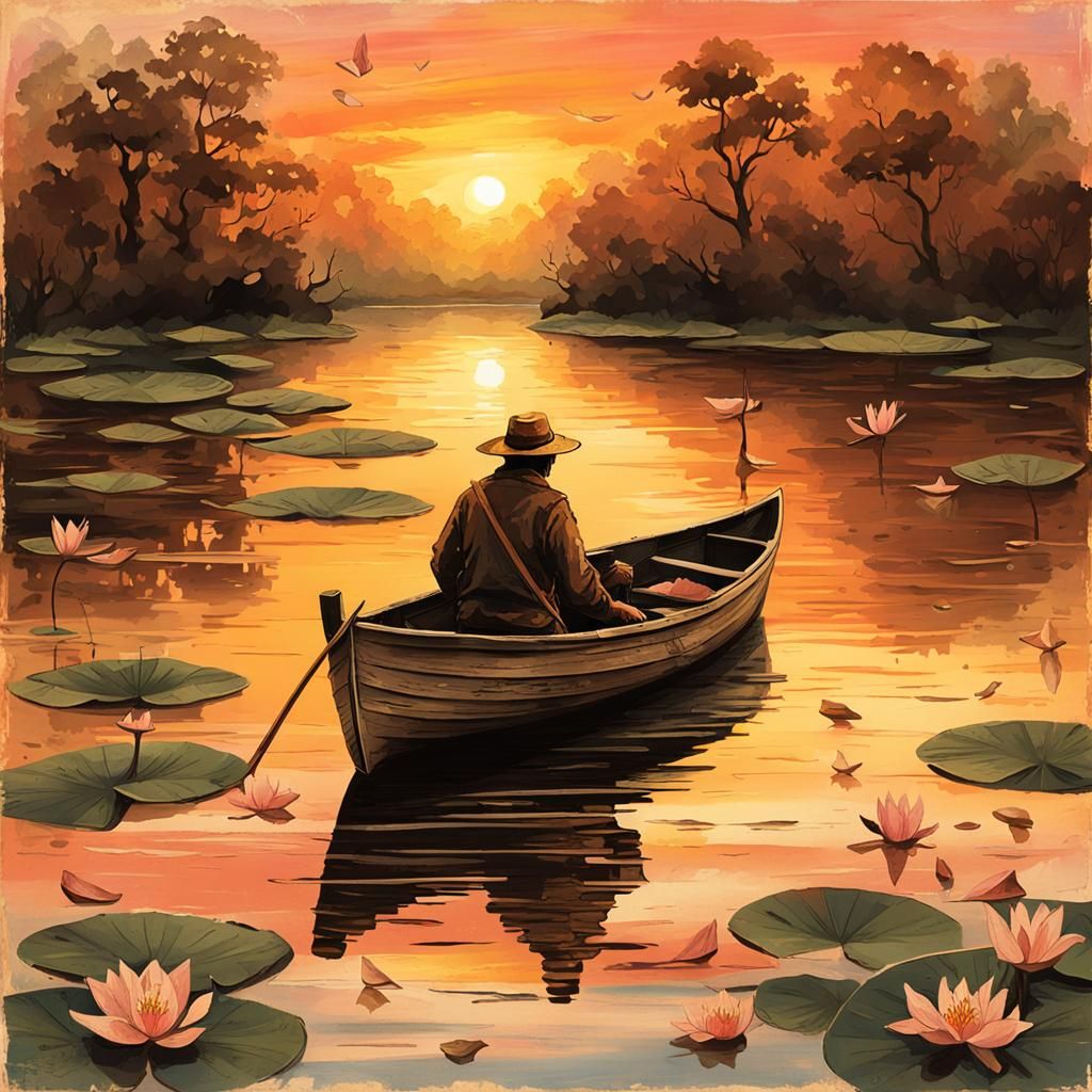 Sunset River Scene with Paper Boats