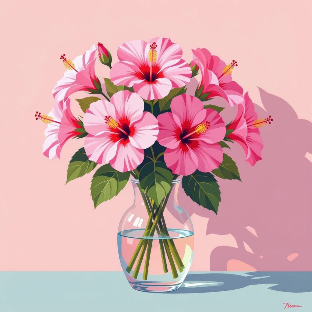 Pink Hibiscus Floral Arrangement in Abstract Expressionism S...