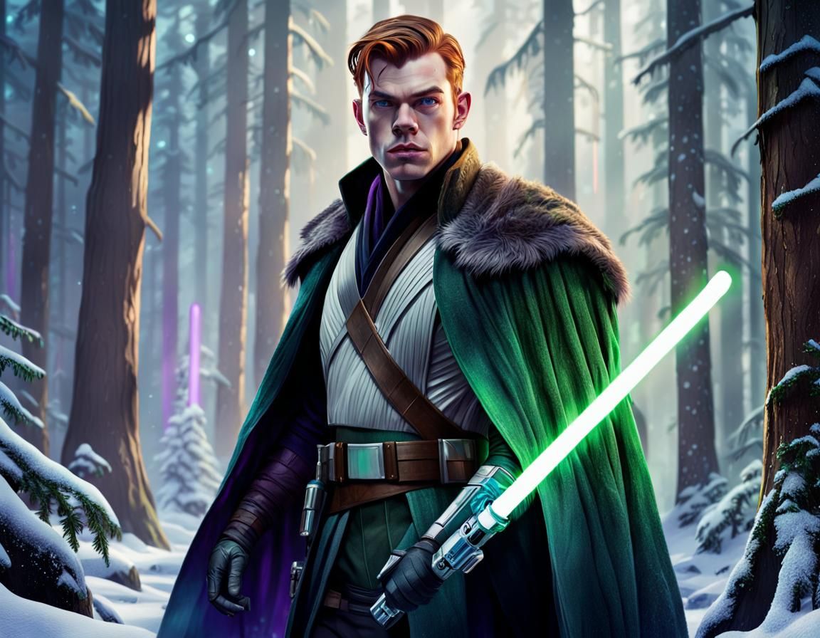 Man with Lightsaber in Snowy Forest, Hyperrealistic Art