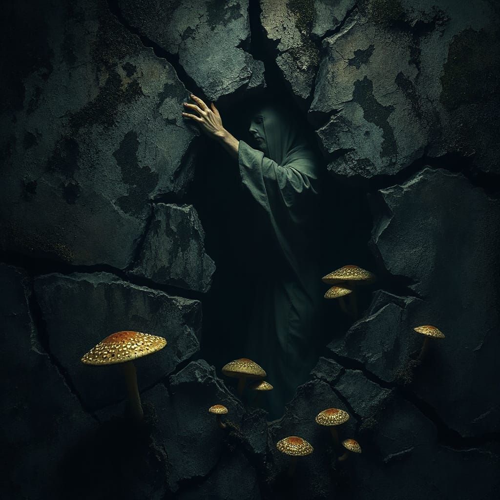 Ancient Stone Wall Fissure in Dark, Ethereal Landscape