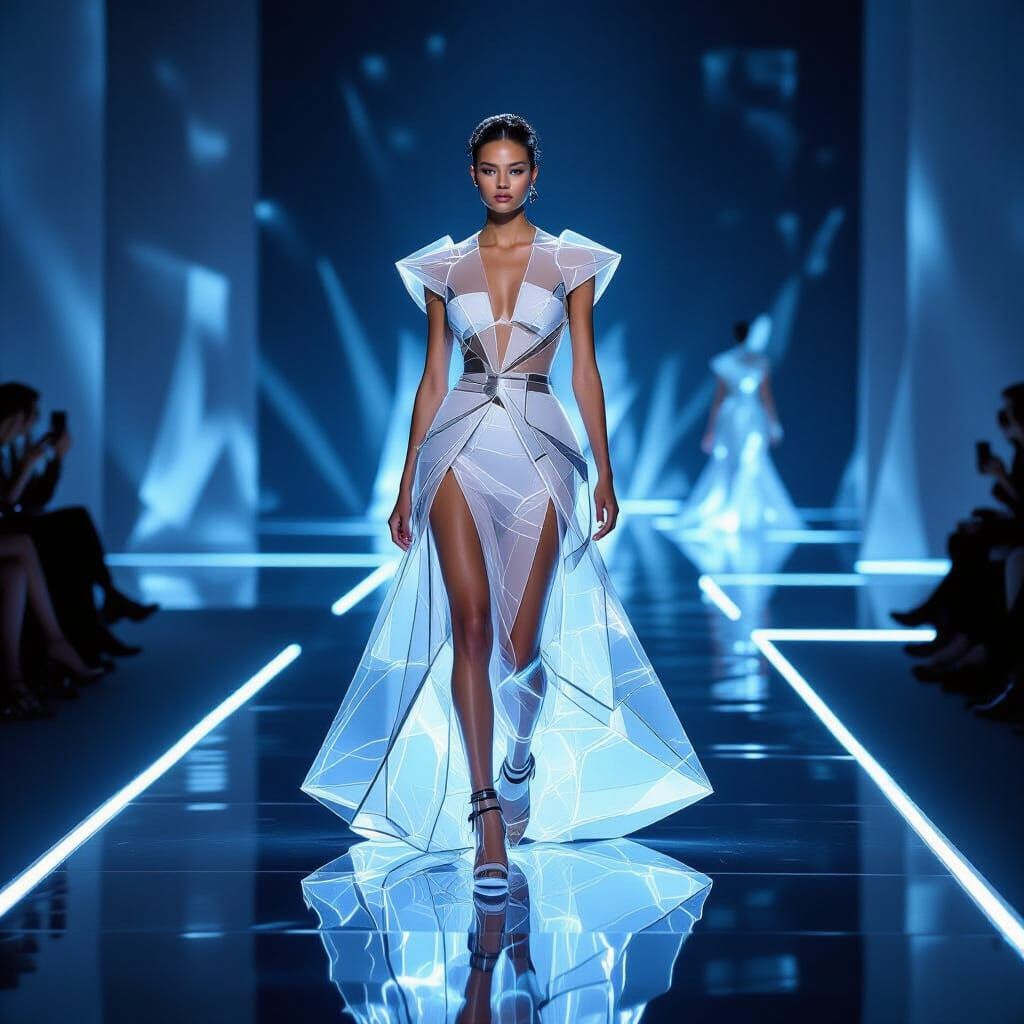 Futuristic Model on Light Runway in Avant-Garde Glass Dress