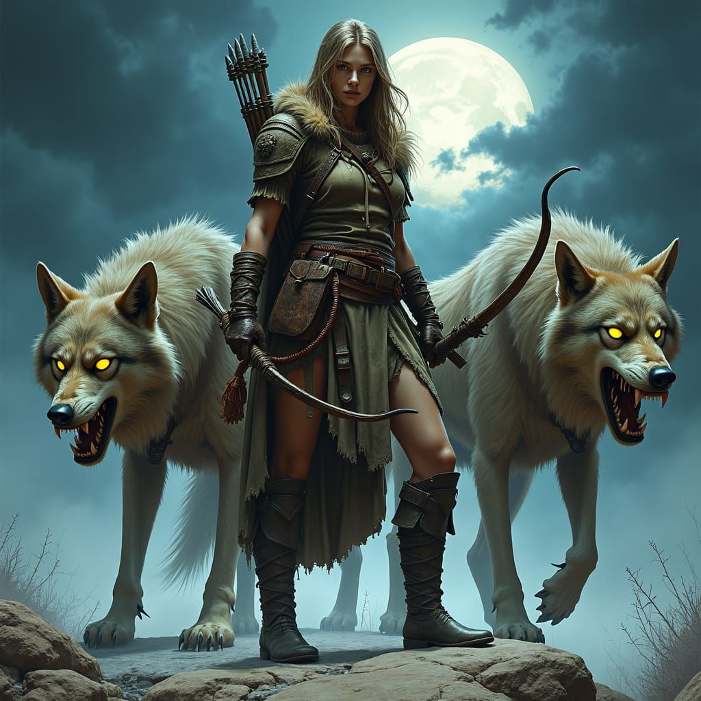 Ranger and Wolves Battle Dark Creatures in Surreal Style