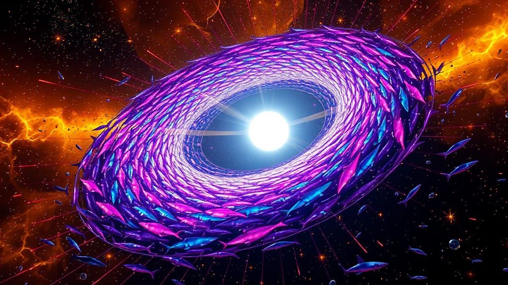 Majestic Vortex Galaxy with Bioluminescent Sharks