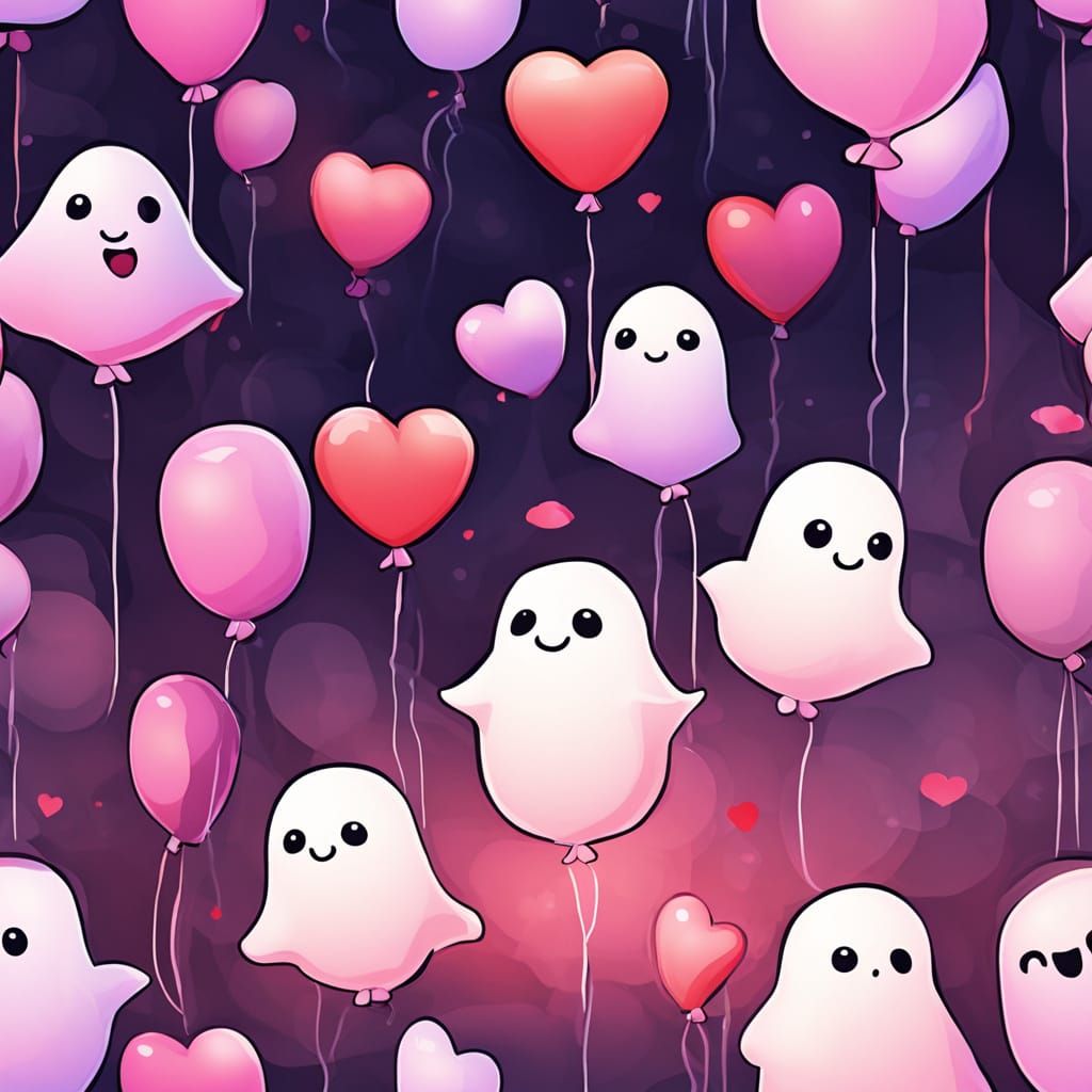 Chibi Ghost Holding Pastel Heart Balloons in Whimsical Light...