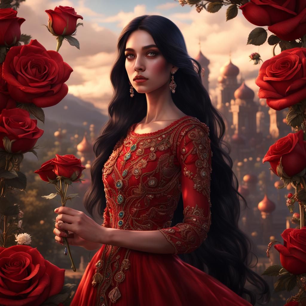 Girl in Red Dress with Rose, Fantasy Art