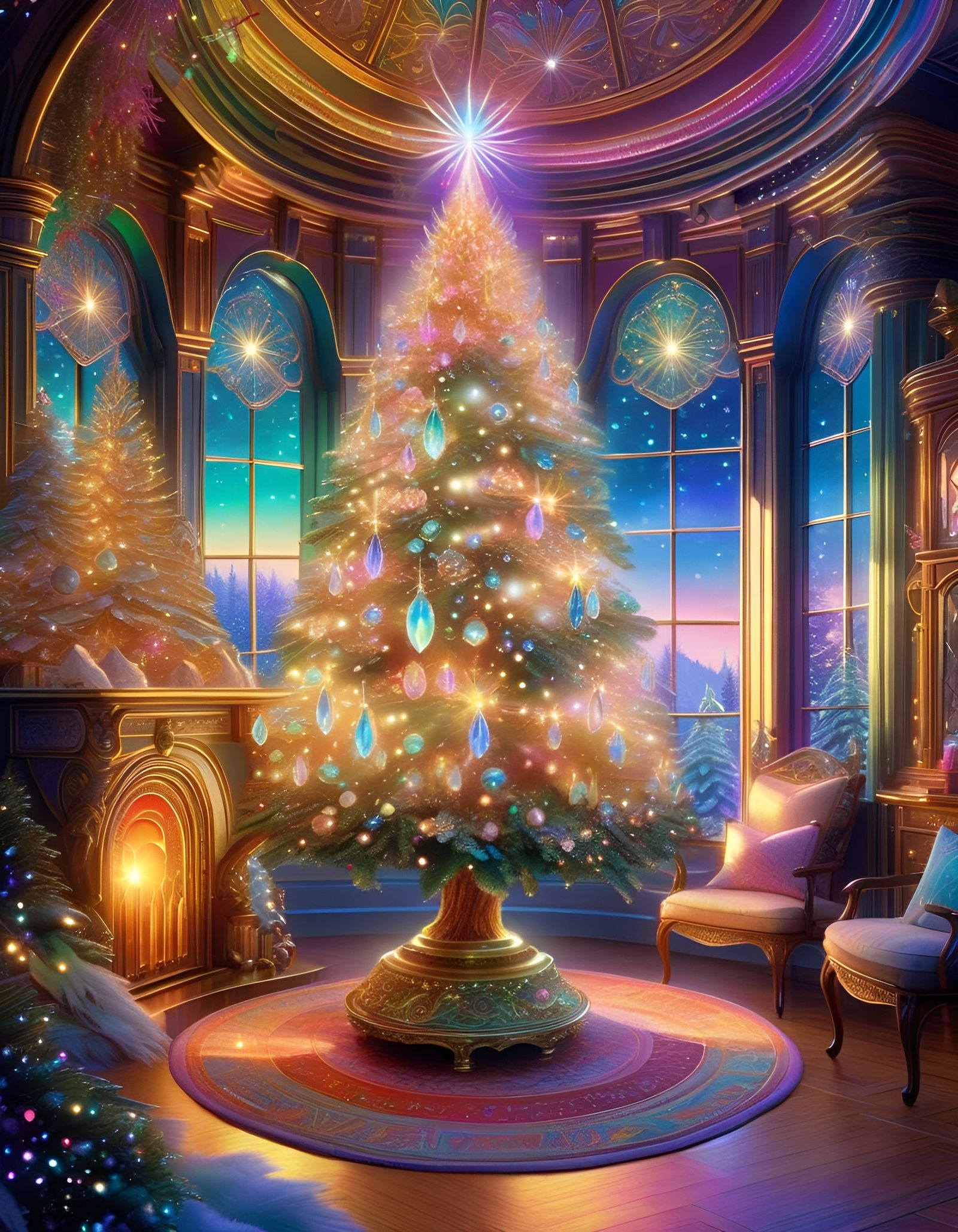 Holographic Christmas Tree in Fairy House, Watercolor Style