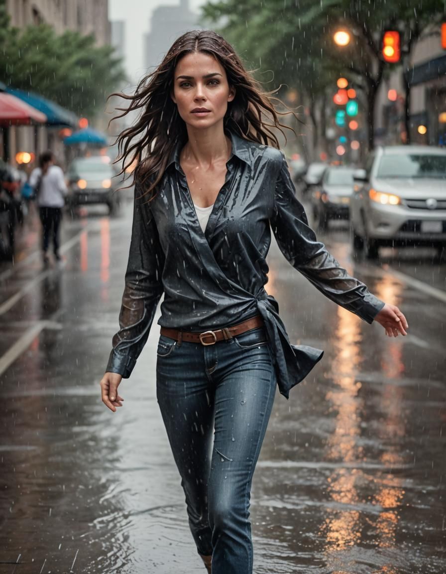 Brunette Woman Soaked in Summer Rain: 3D Render