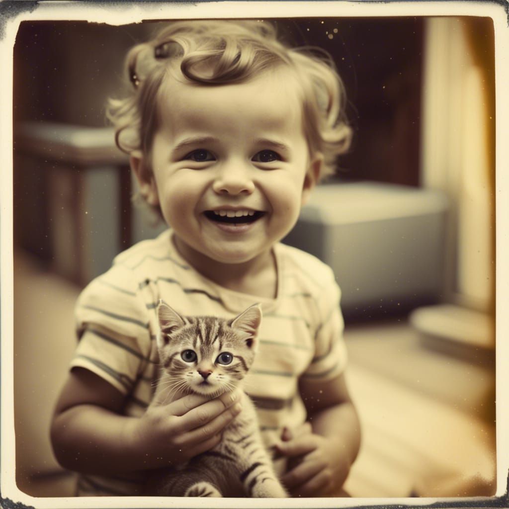 Happy Toddler with Kitten: Vintage Polaroid Photo