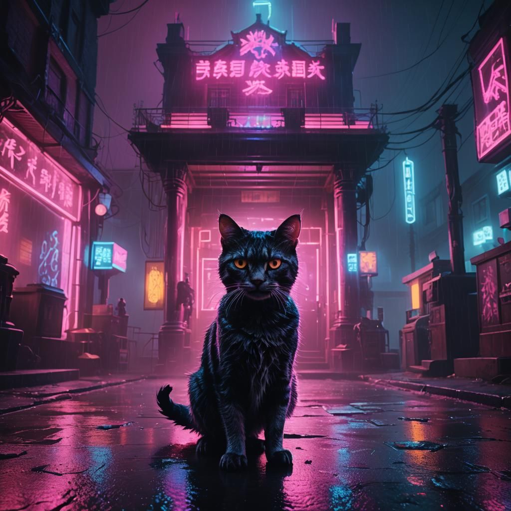 Cyberpunk Haunted Mansion with Demonic Cat