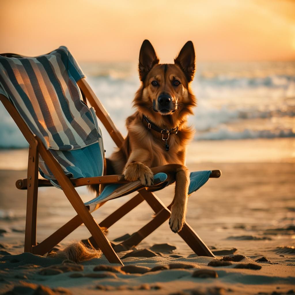 Dog on Beach at Sunset in Film Grain Style