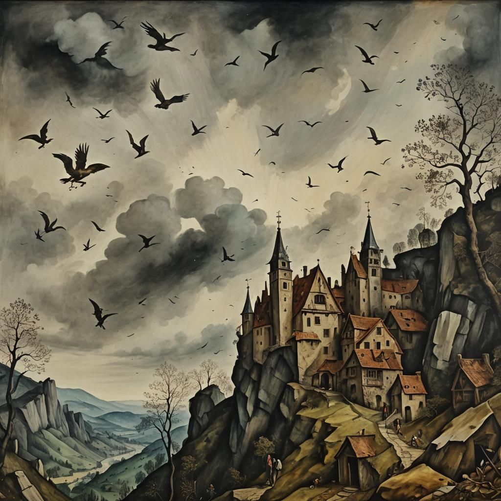 Surreal Gathering on Dark Mountain, Oil Painting Style