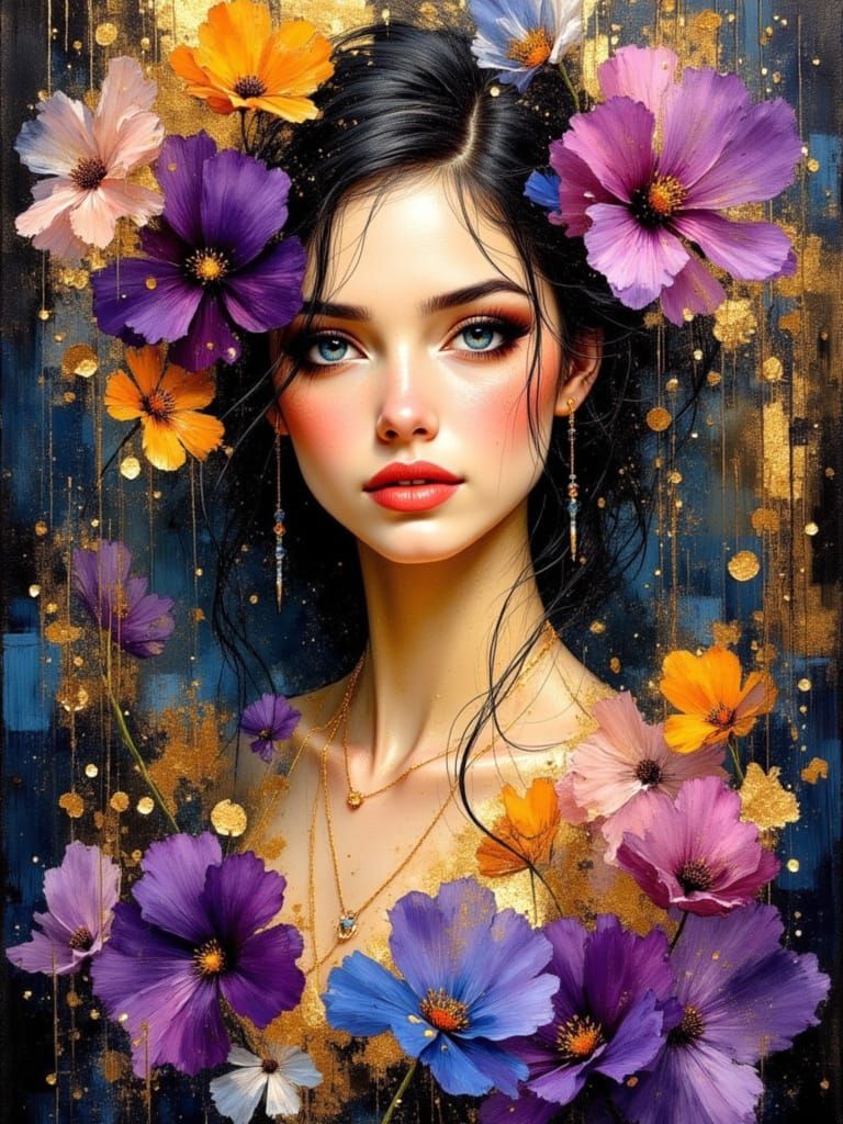 Beautiful Woman in Enchanted Garden with Gold Accents