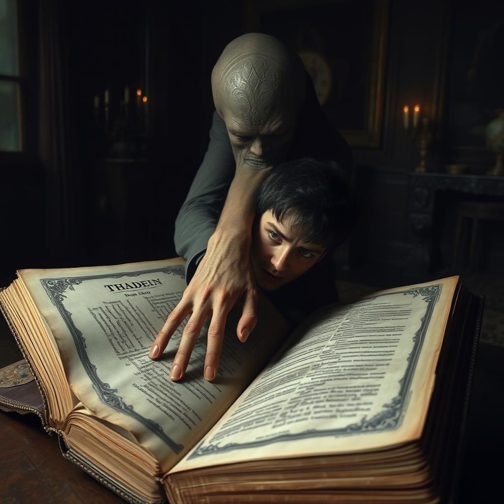 Eerie Tome: Spectral Hand Grasping Terrified Man