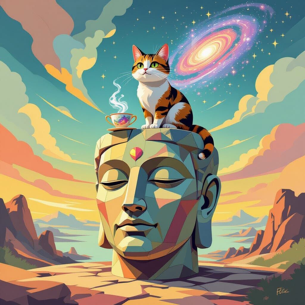 Geometric Cat on Floating Deity Head in Neo-Cubist Style