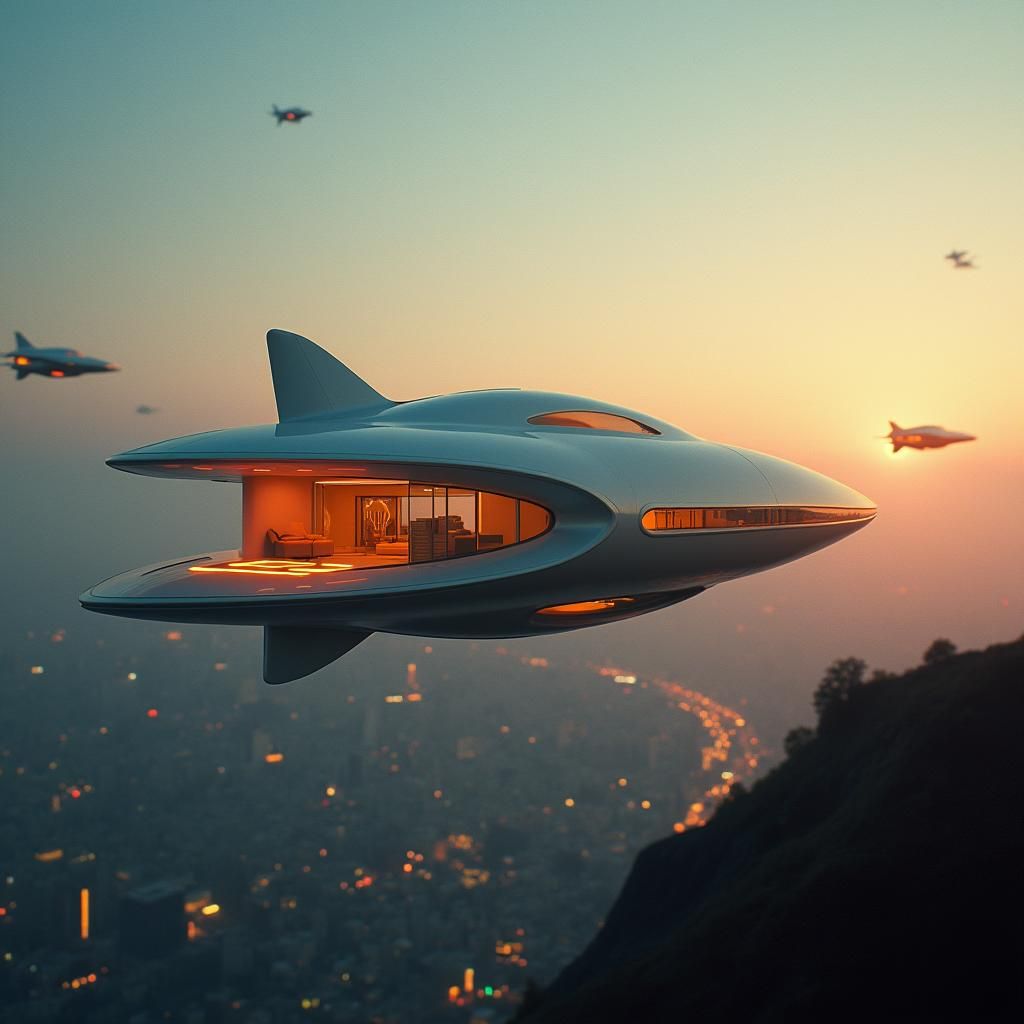 Futuristic Floating House with Flying Cars at Dusk