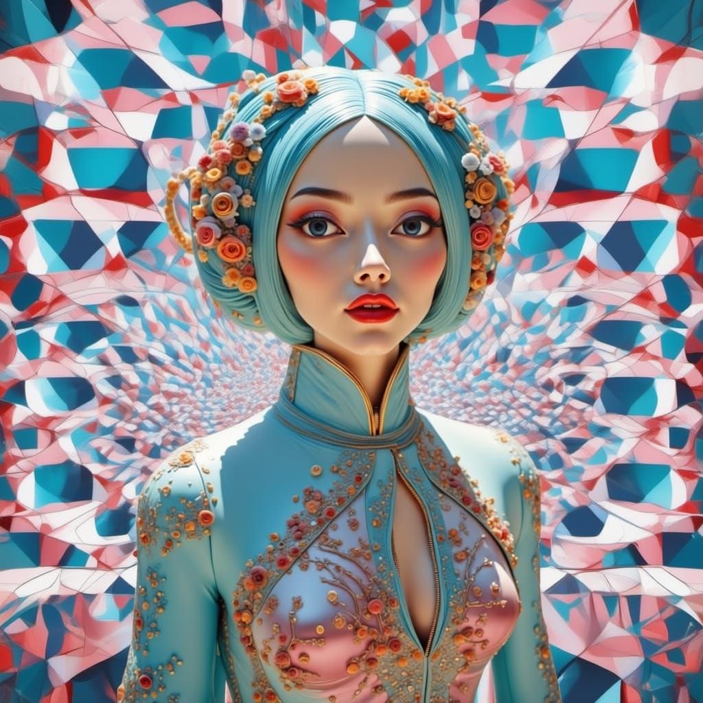 AI Composite Image of Girl Merged with Abstract Art