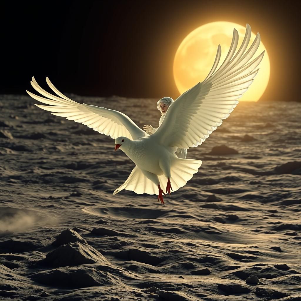 Woman Rides Dove on Moon in Sci-Fi Style