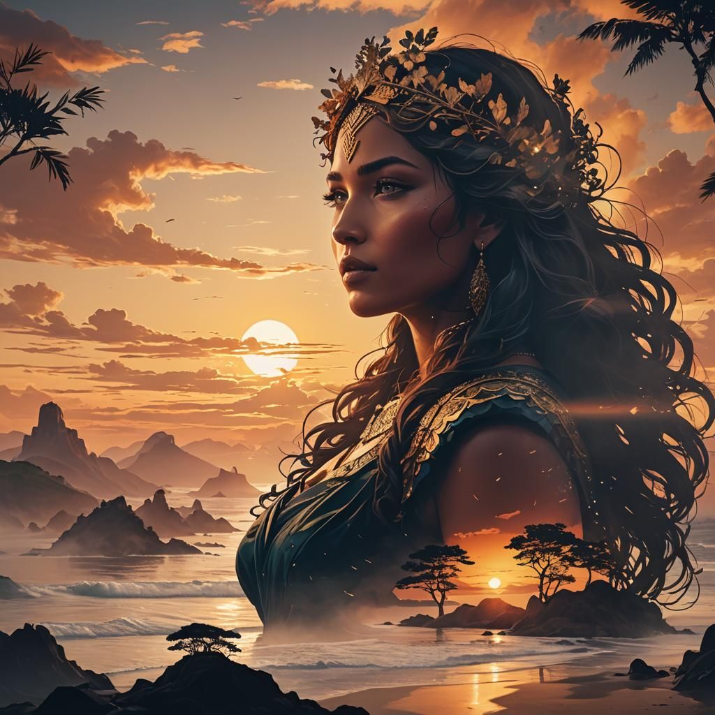 Goddess Silhouette Double Exposure with Sunset Coast
