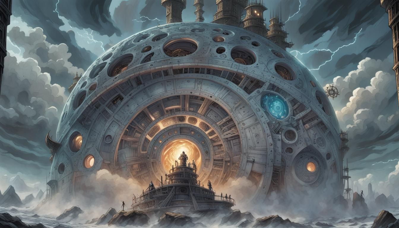 Enormous Machinery with Esoteric Symbols in Stormy Landscape