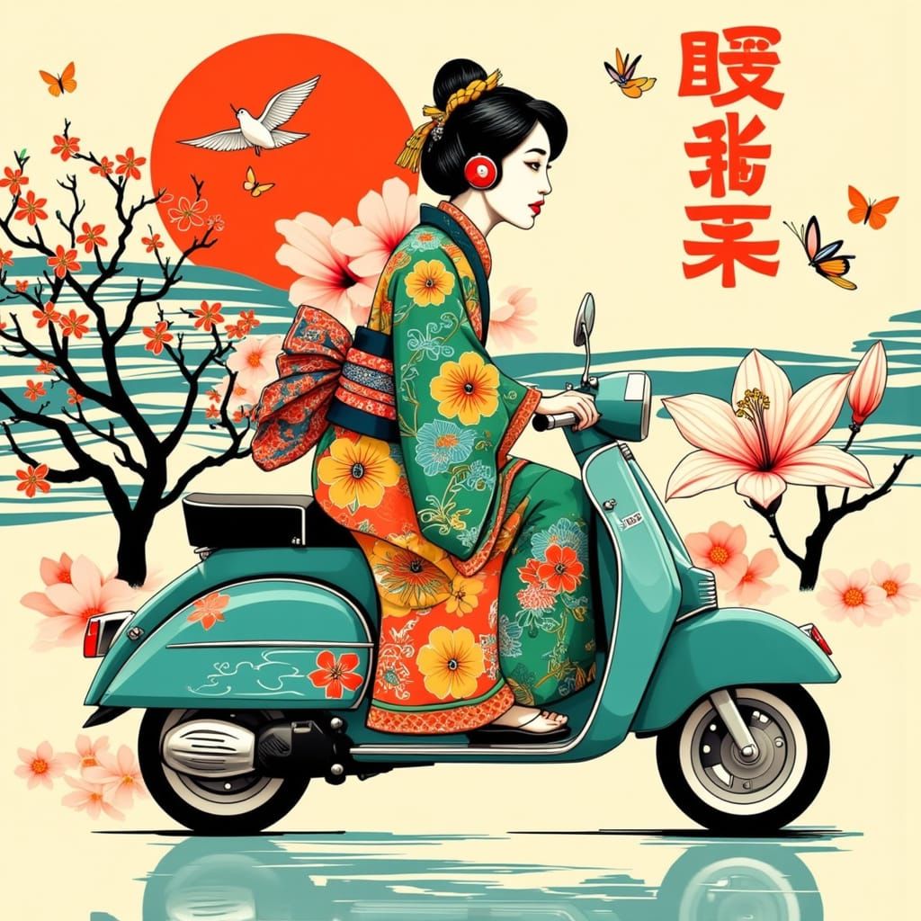 Surreal East Asian Goddess Rides Vintage Scooter Amidst Whim...