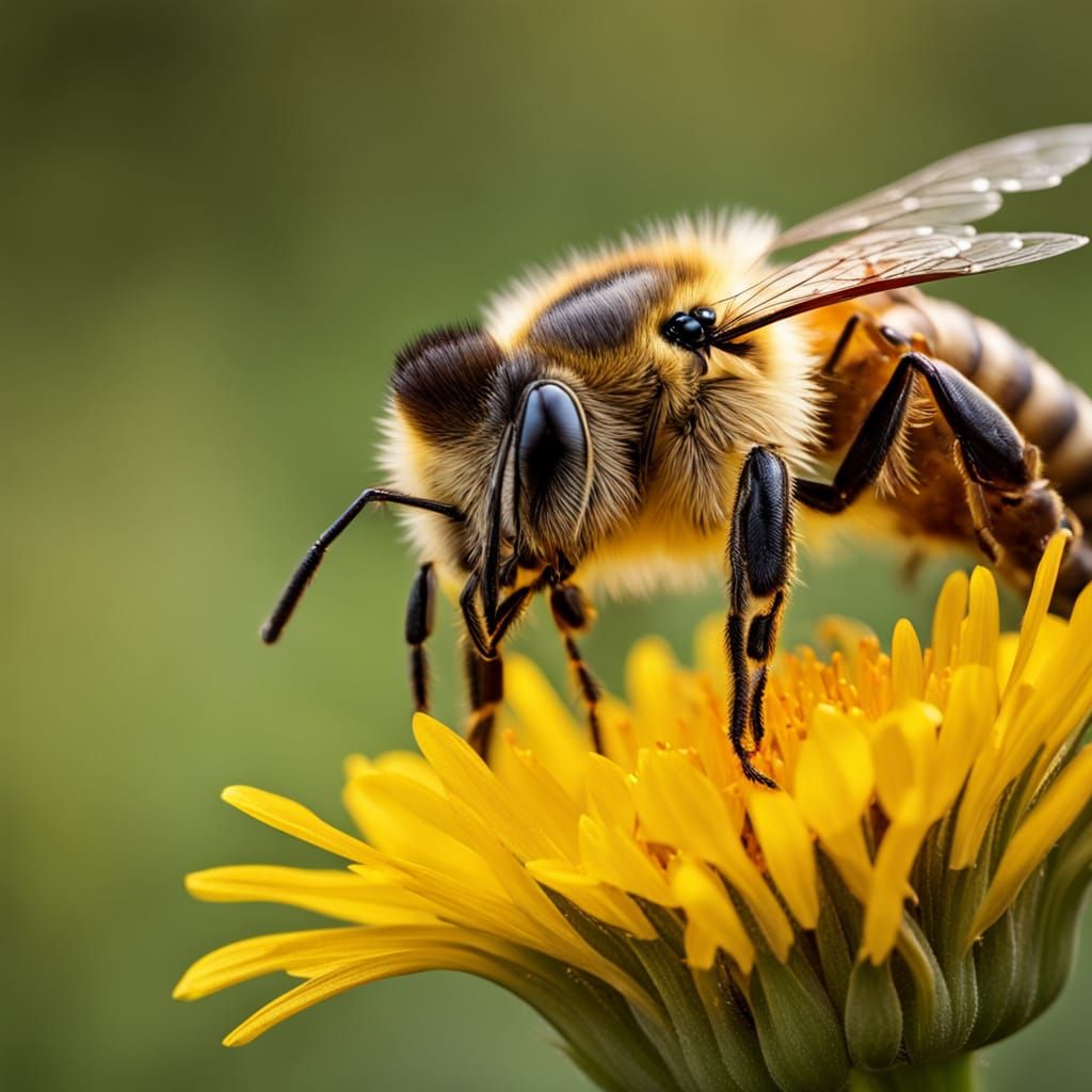 Honeybee and Dandelion in Macro Photography