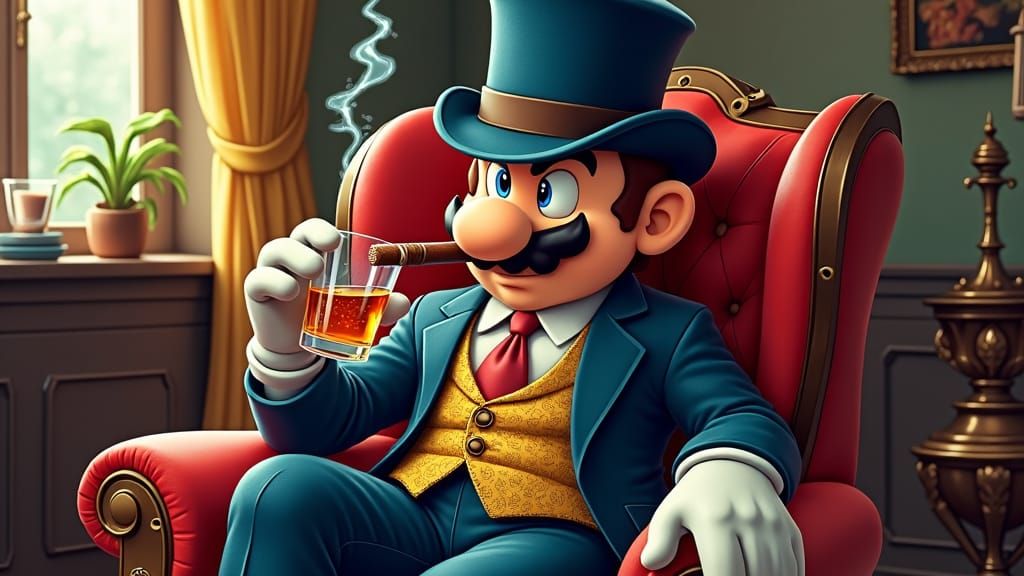 Paper Mario Character Smoking Cigar in Film Noir Style