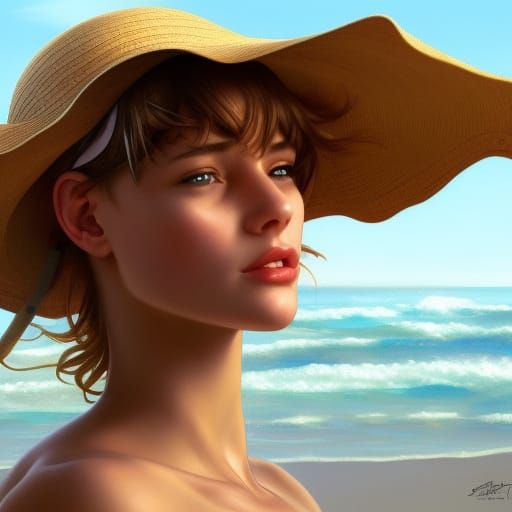 Sad Girl on Beach in Hyperdetailed Style