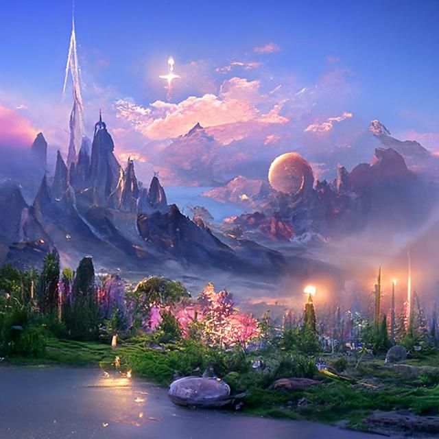 Aetherpunk Castle Under Purple Moon, Digital Art