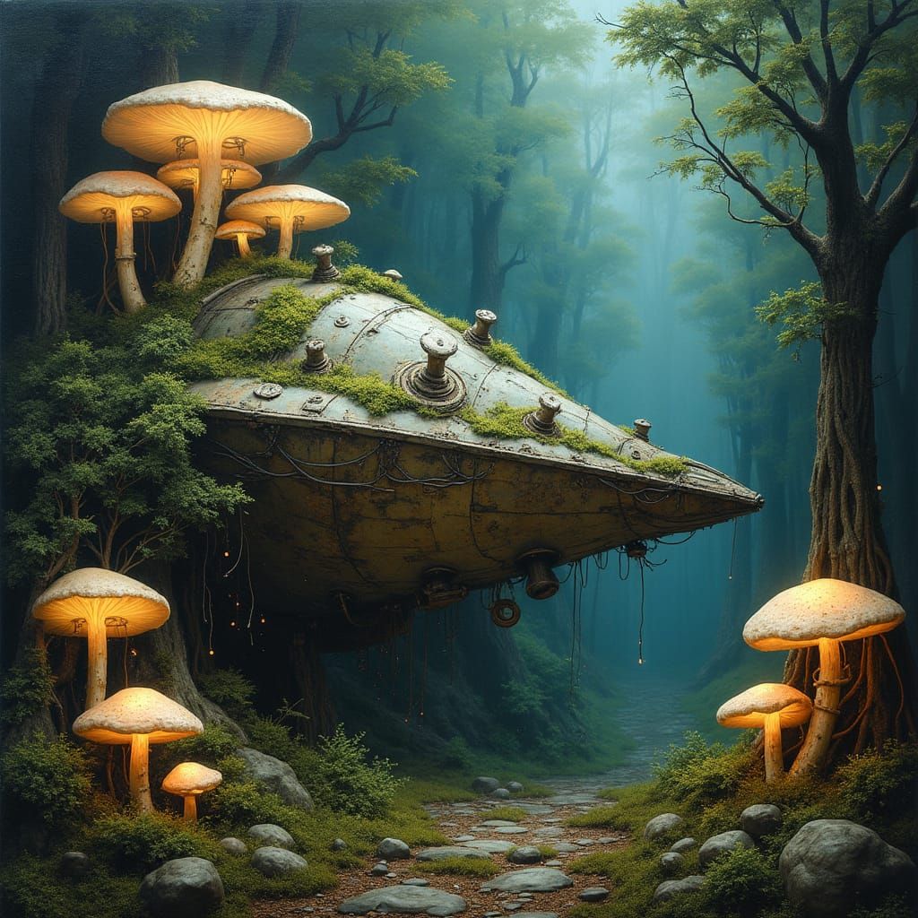 Mystical Spaceship in Bioluminescent Forest, Visionary Art