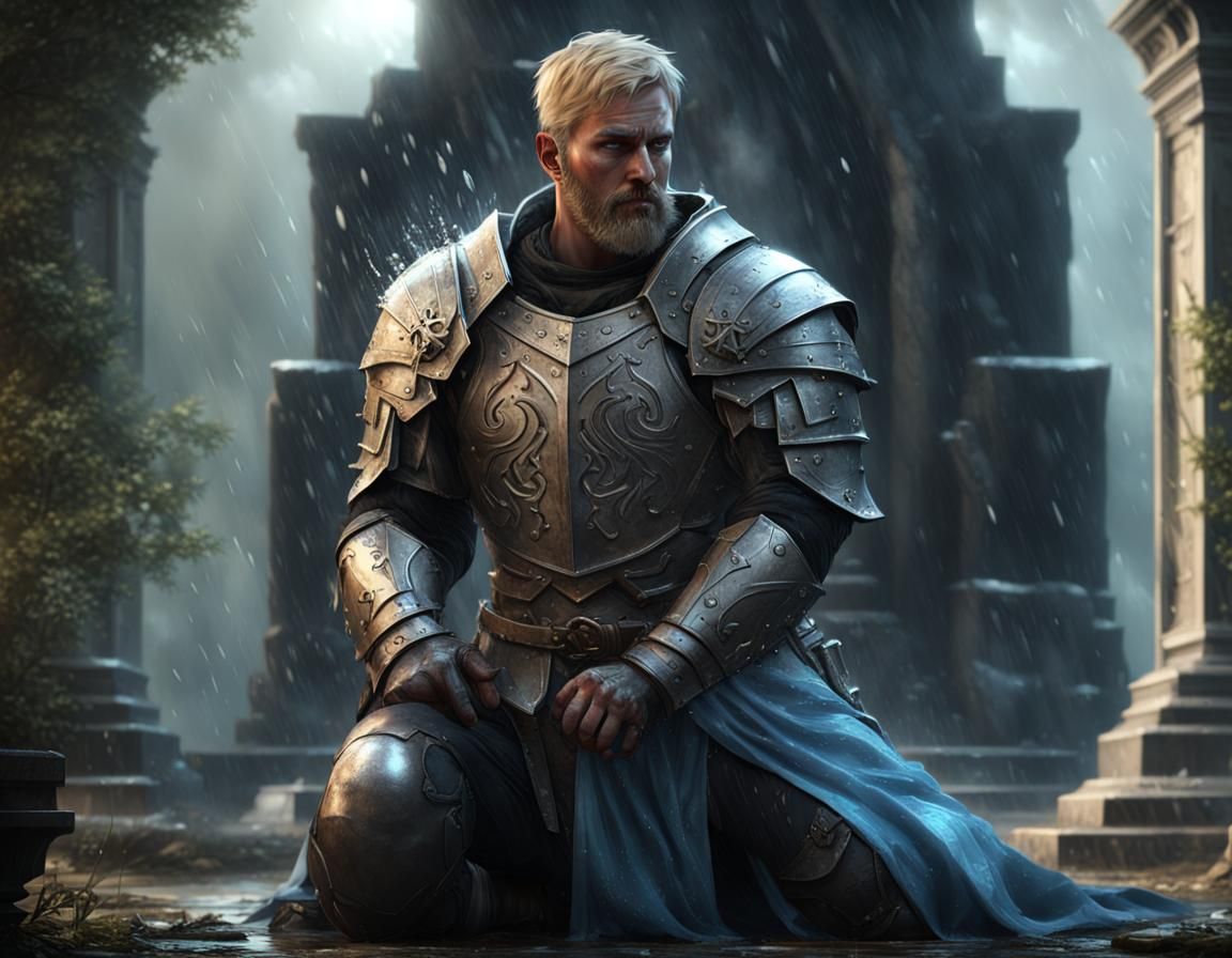 Grief-Stricken Warrior Kneels in Rain: Dark Fantasy Art