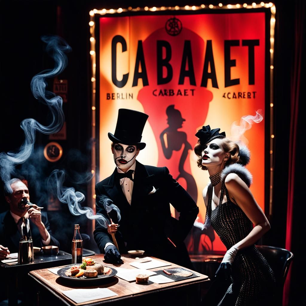 berlin cabaret, decadent smoky atmosphere,  against a backdr...