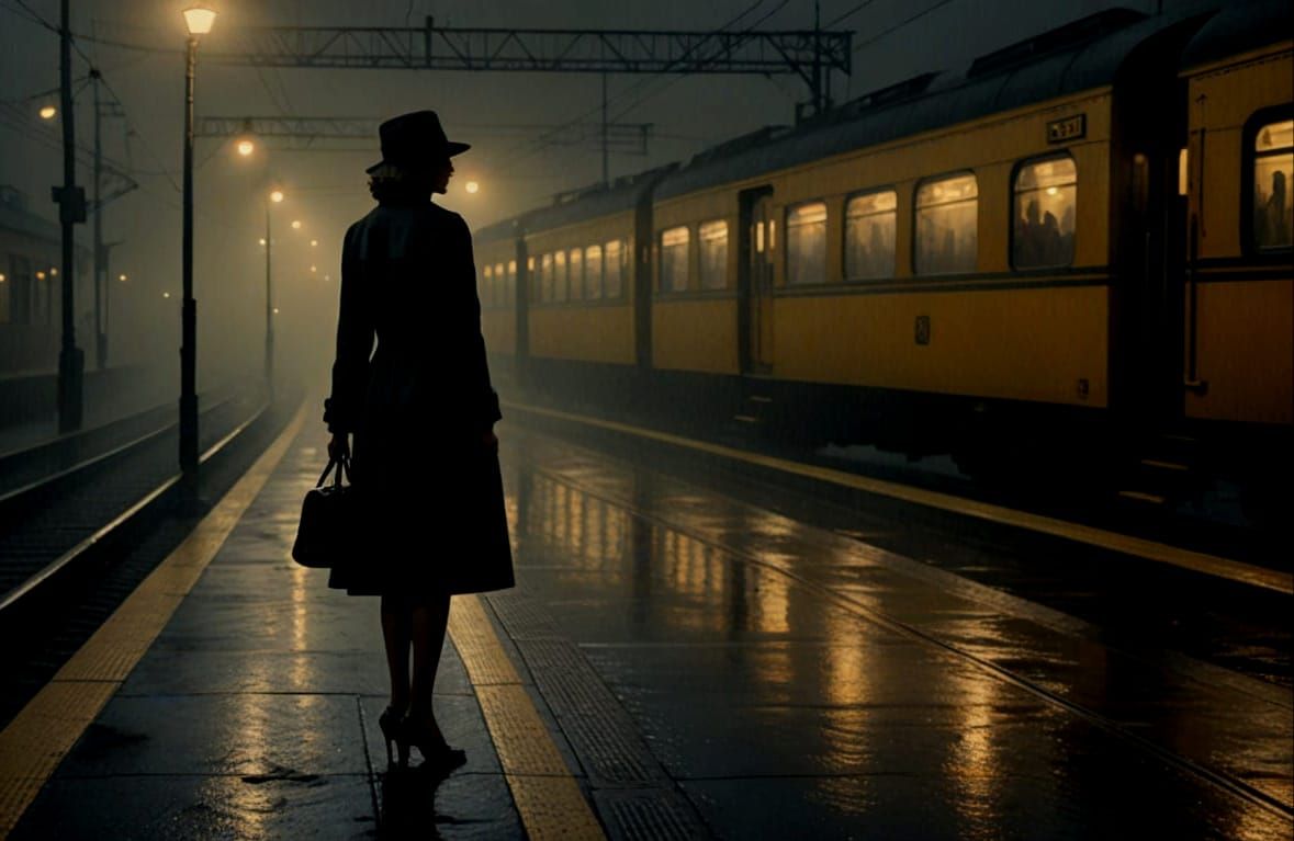 Woman on platform waiting for a train on a dark foggy night....