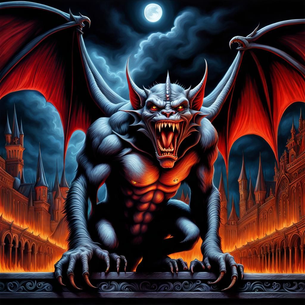 Snarling Vampire Gargoyle in Colorful Surrealism