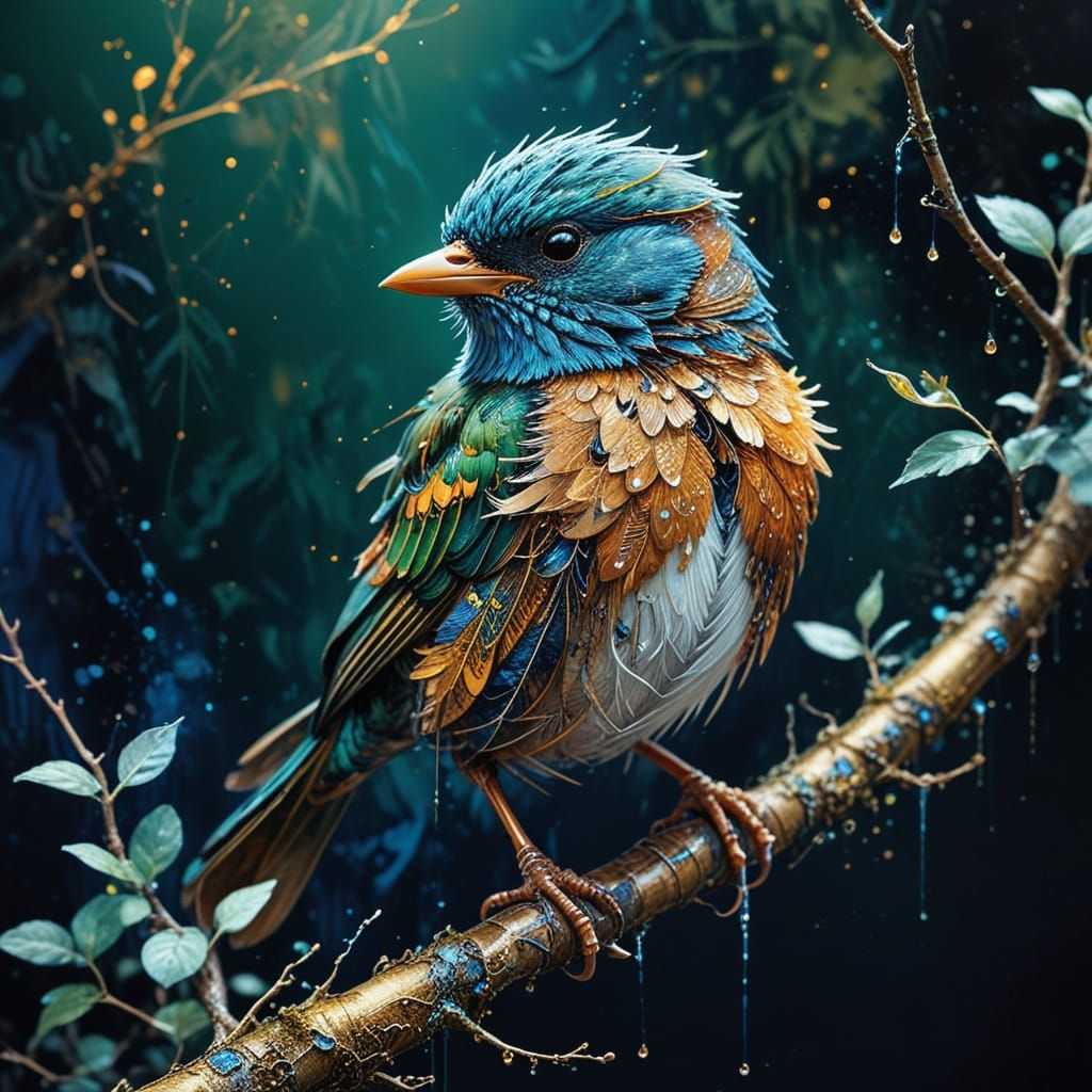 Golden Bird in Enchanted Forest Watercolor Art