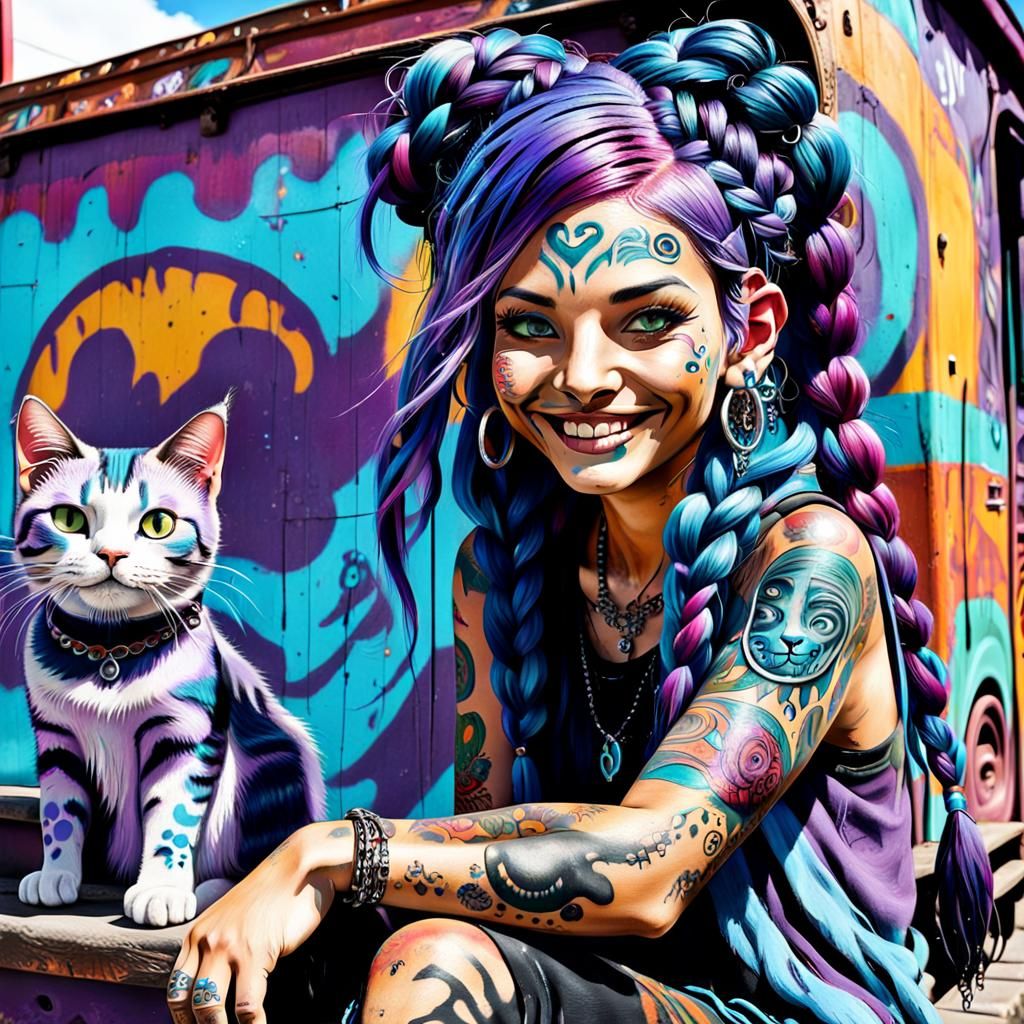 Smiling Punk Girl with Cat: Psychedelic Street Art