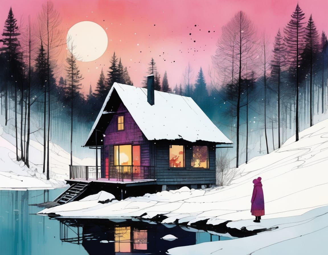 Winter Cabin at Sunset: Charming Fantasy Illustration