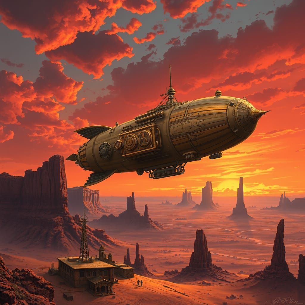 Steampunk Airship Soaring Over Desert Landscape