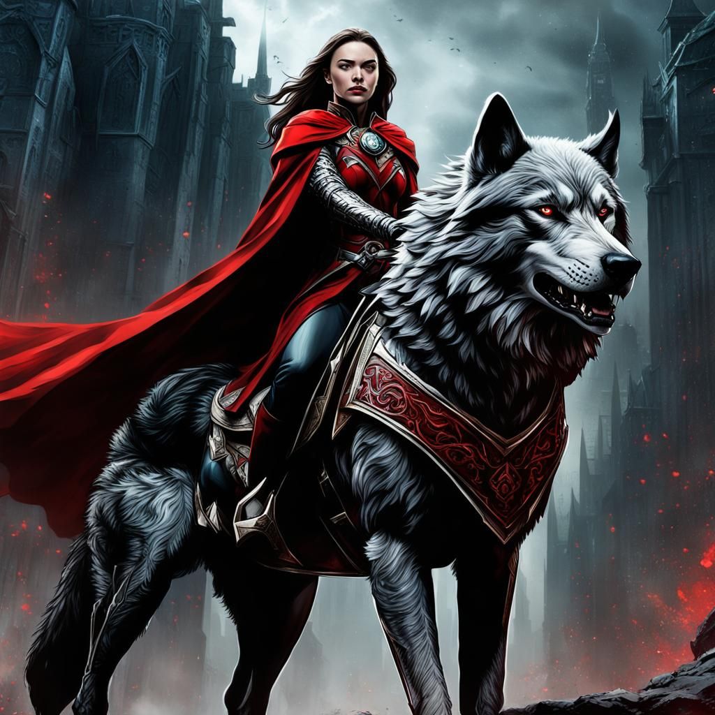 Armored Woman Riding a Wolf in Digital Painting