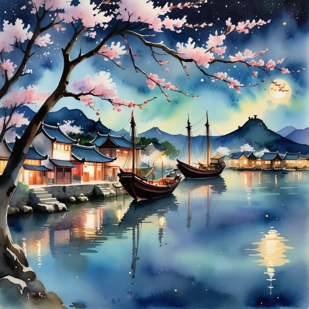 Chinese Junk Anchored in Starry Harbor Watercolor