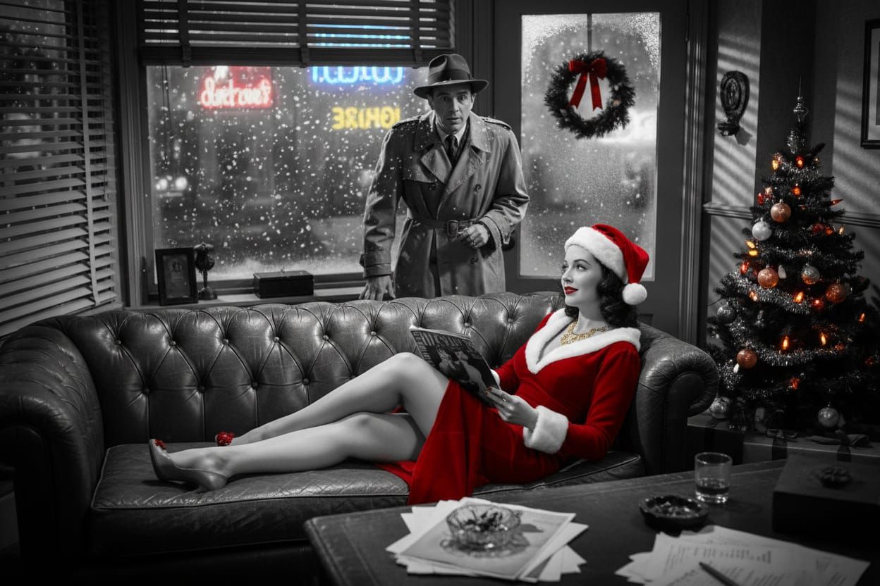 Femme Fatale in Detective Office at Christmas