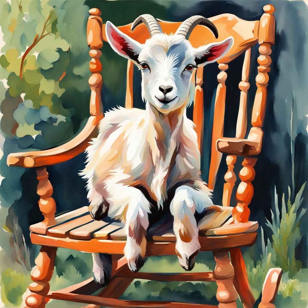 Baby Goat on Rocking Chair in Gouache Style
