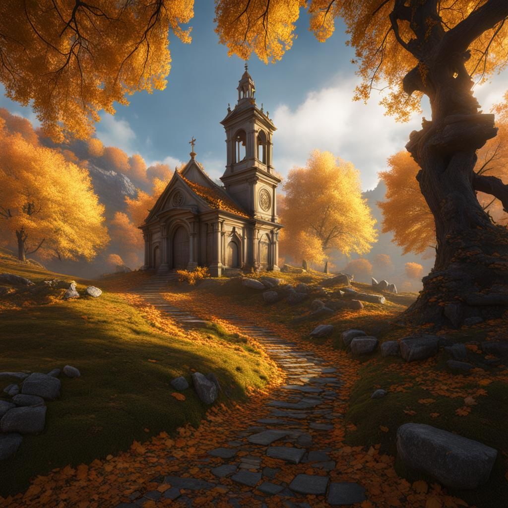 Sunlit Church Amidst Autumnal Splendor