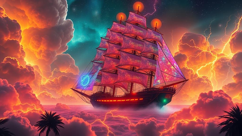 Futuristic Frigate Sailing Through Neon Nebulae
