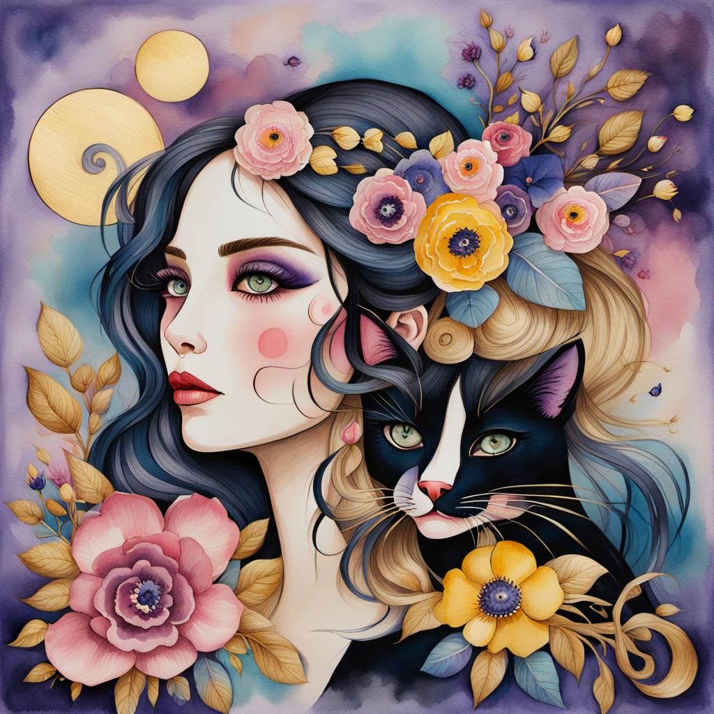 Whimsical Woman with Cat in Watercolor Folk Art