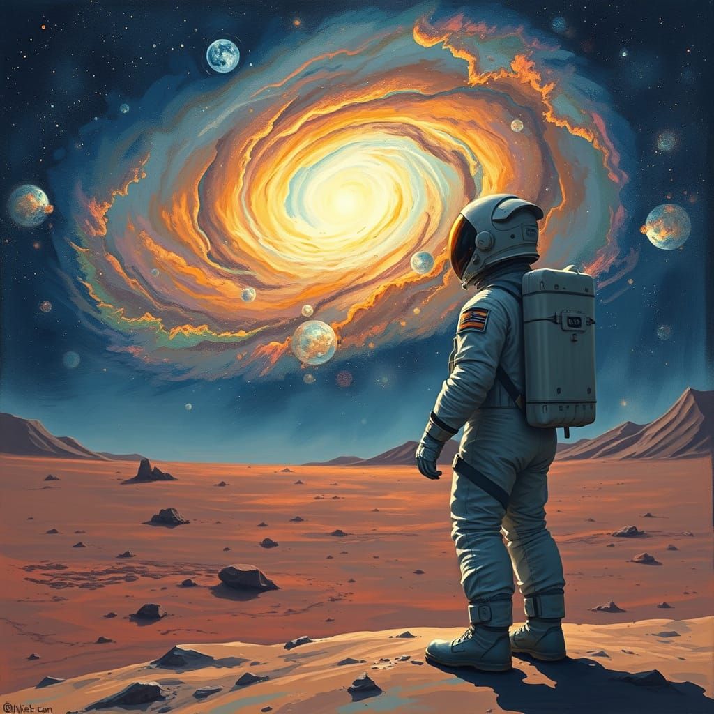 Astronaut Contemplates Nebula in Cosmic Surrealism Style