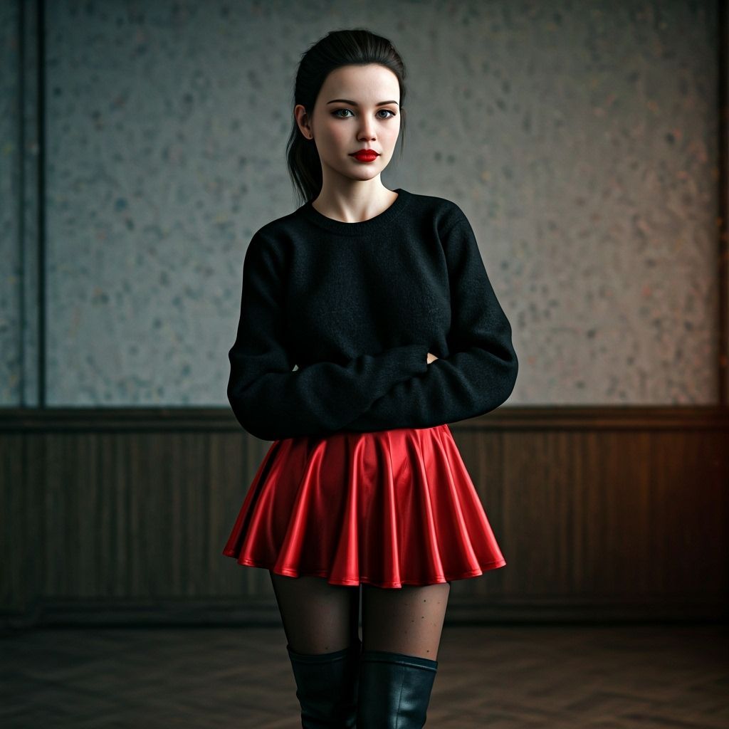 Hyperrealistic Portrait of a Young Woman in Red Satin Mini-S...