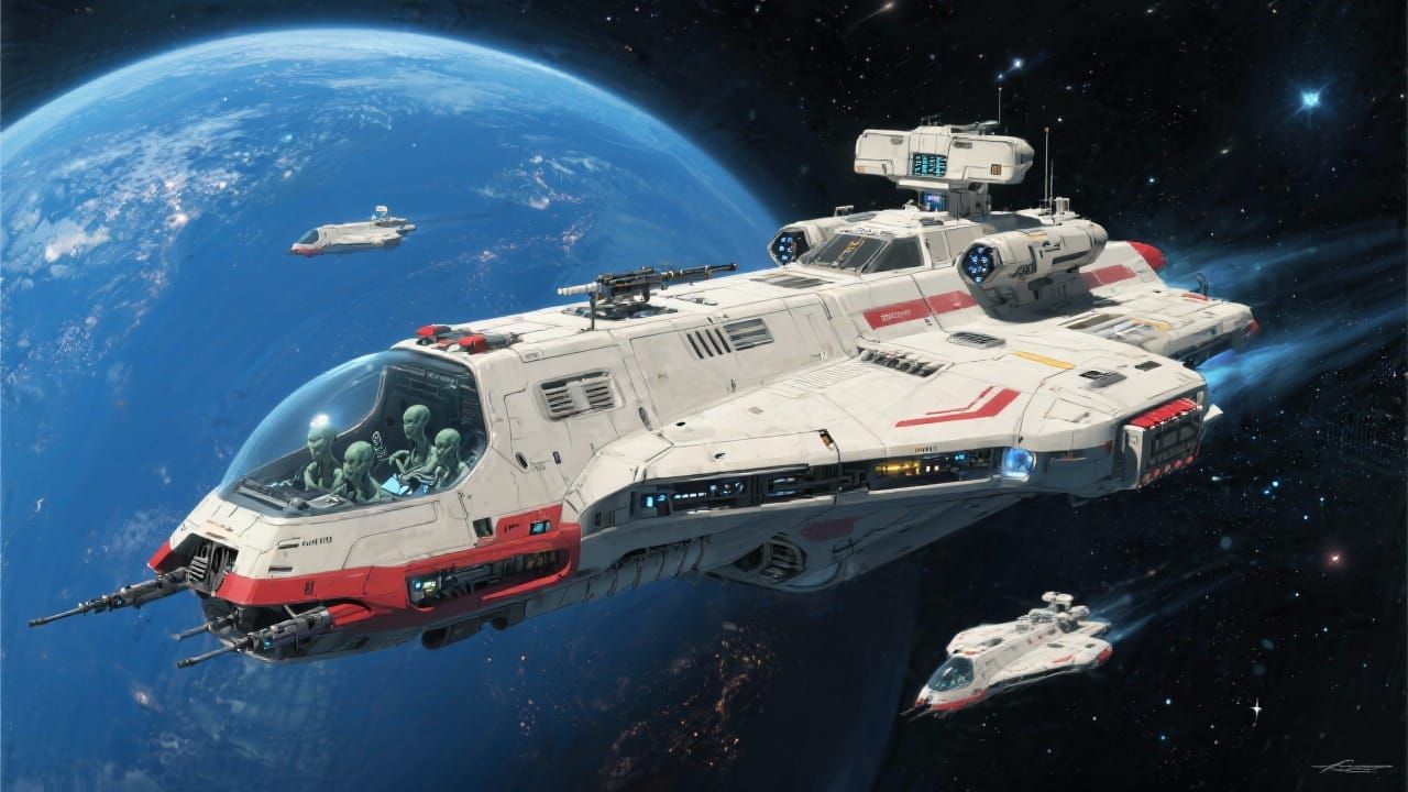 Alien Space Cruiser Near Blue Planet in Sci-Fi Concept Art S...