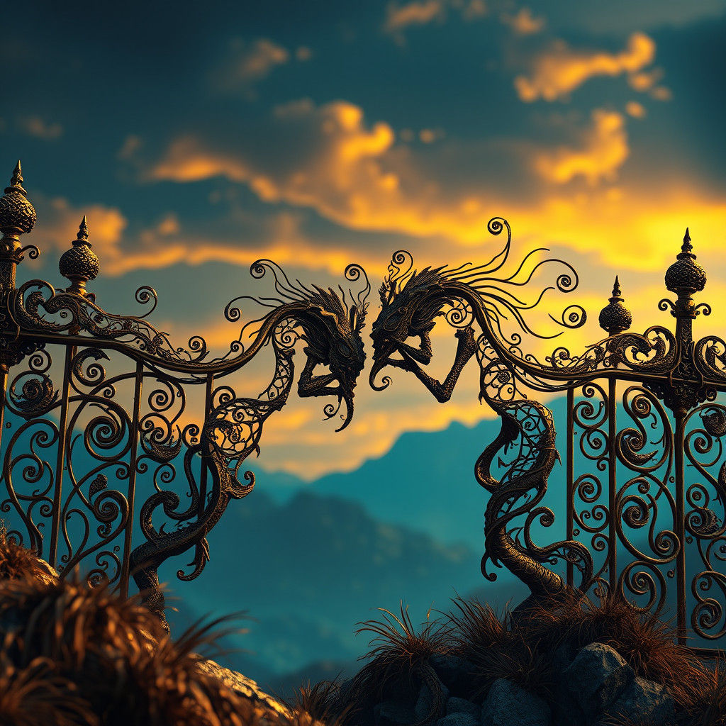 Sentient Fences Duel in Ornate Fantasy Landscape