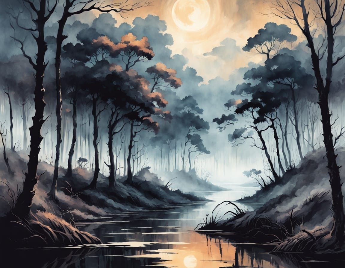 Mysterious Cranes in a Dark Fantasy Lake Scene